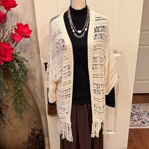 American Eagle Outfitters Cream Fringe Cardigan